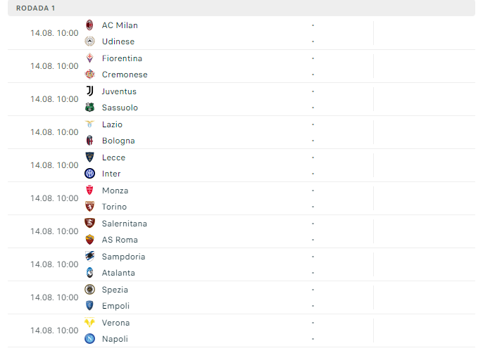 Calendário Serie A - Futebol Europeu