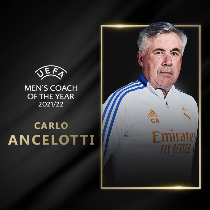 Carlo Ancelotti, eleito o Melhor Treinador da UEFA no ano. Foto: Reprodução/UEFA
