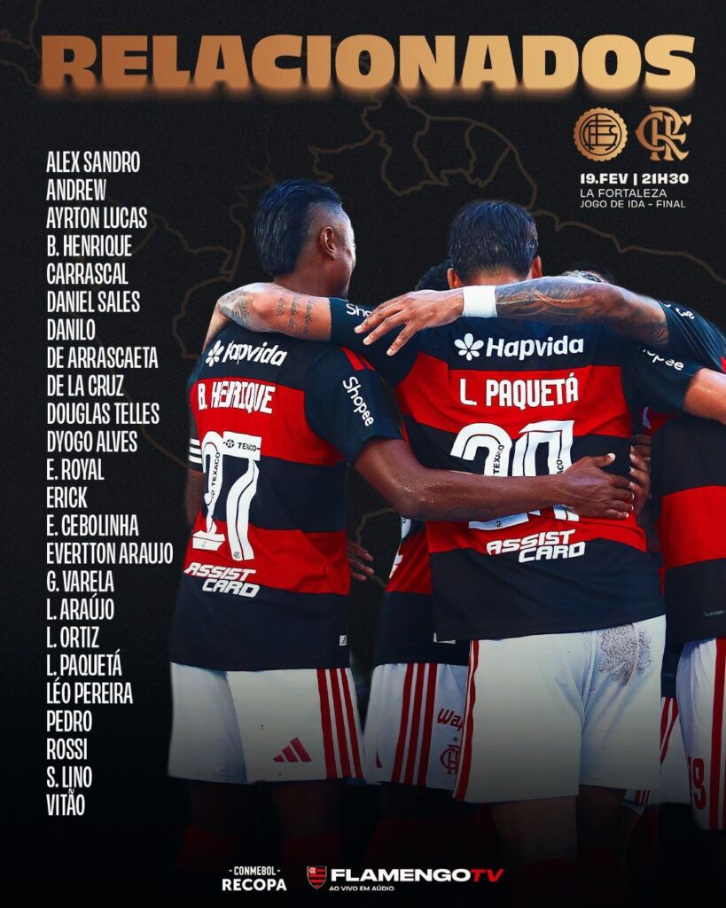 Relacionados do Flamengo para a partida de ida da Recopa Sul-Americana, contra o Lanús. Foto: Divulgação/Flamengo