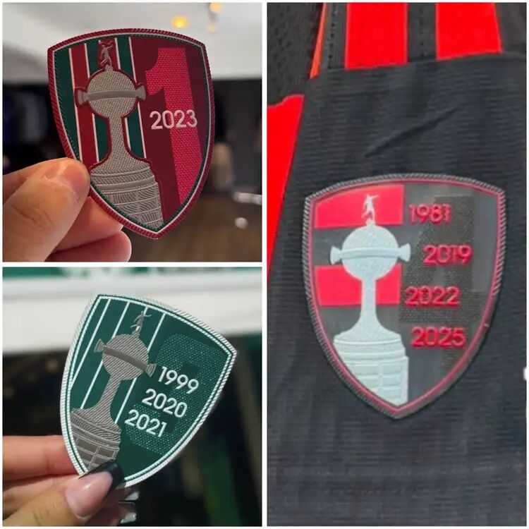 Patches com anos dos títulos da Libertadores de Fluminense, Palmeiras e Flamengo. Foto: Reprodução